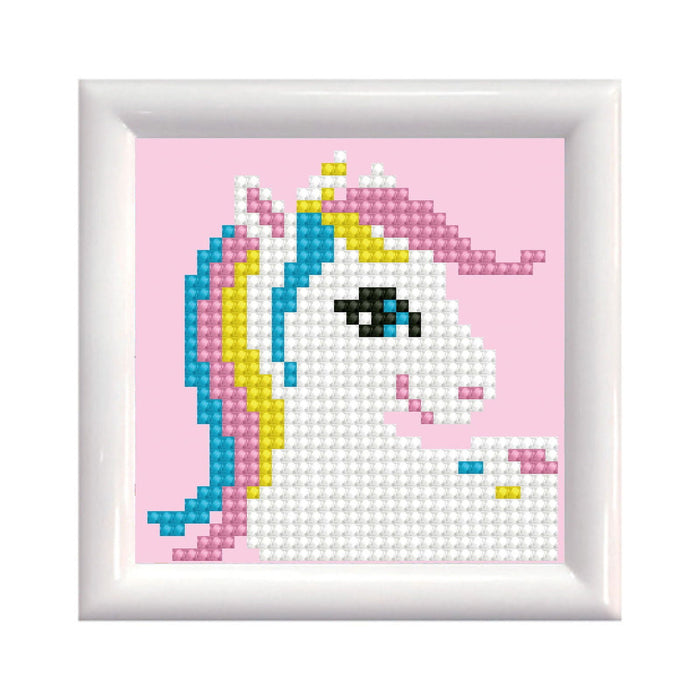 Pixel art of a unicorn with a white face, blue eyes, and colorful yellow, pink, and blue mane on a pink background, just like the Diamond Dotz Pretty Pony - Framed kit by Diamond Dotz in a simple square white frame.