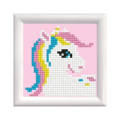 Pixel art of a unicorn with a white face, blue eyes, and colorful yellow, pink, and blue mane on a pink background, just like the Diamond Dotz Pretty Pony - Framed kit by Diamond Dotz in a simple square white frame.