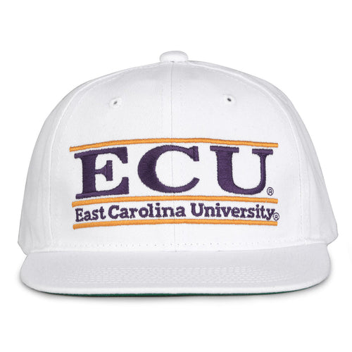 East Carolina Retro Bar snapback hat in white, front view