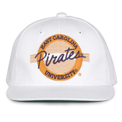 East Carolina Retro Circle snapback hat in white, front view
