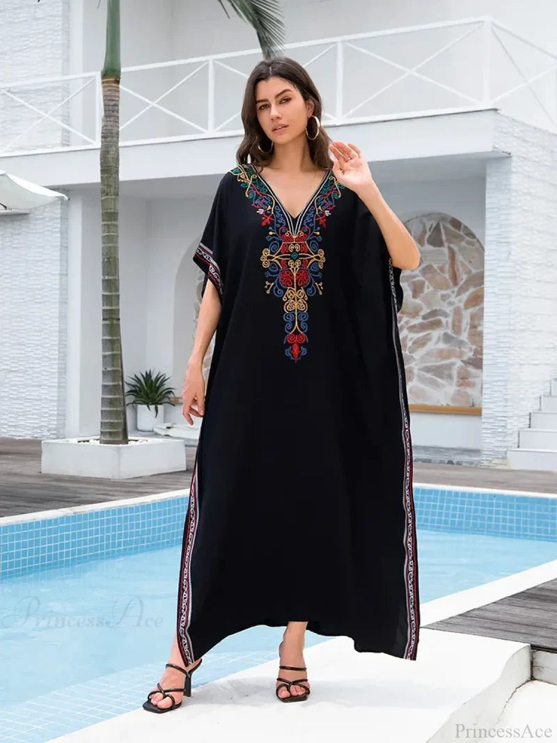 Embroidery Long Dress Beach Cover Up Black / One Size