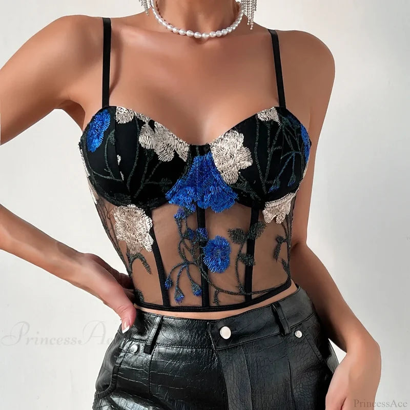 Embroidery Mesh Tank Top Sexy Slim Bustier croptop-250126