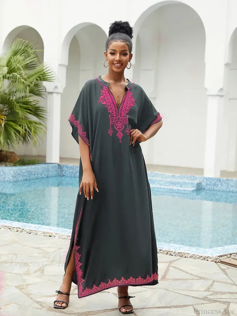 Embroidery Printed Long Dress Cover Up GRAY / One Size