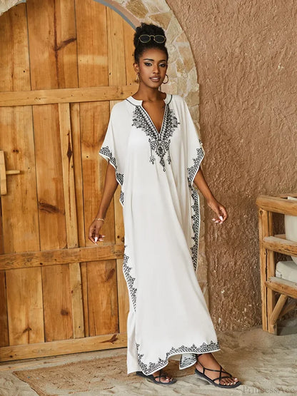 Embroidery Printed Long Dress Cover Up WHITE / One Size