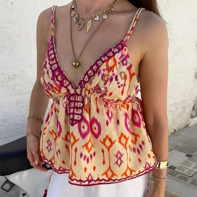 Embroidery Tassel Strap Crop Top