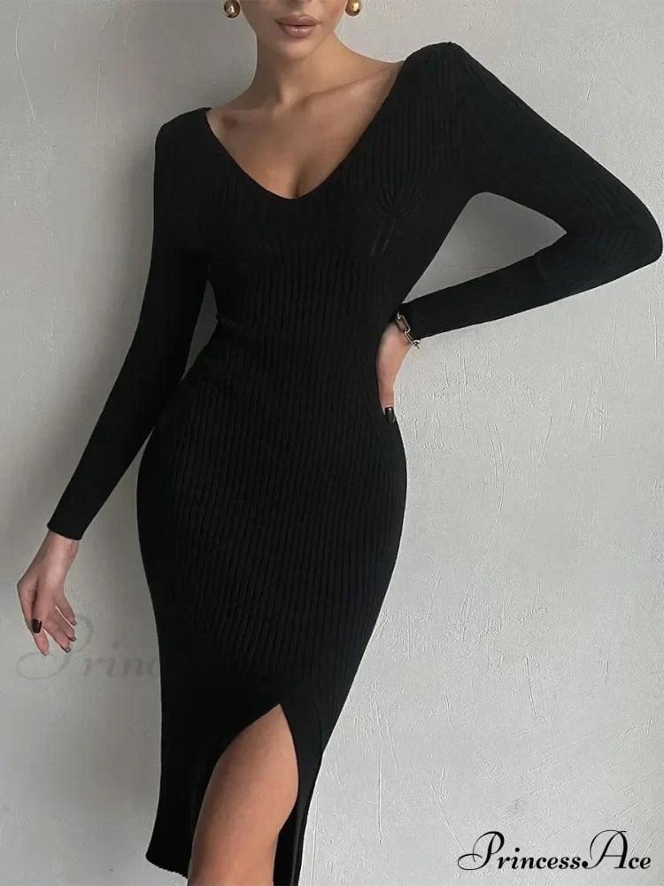 Fall Winter V-Neck Knitted Party Slit Long Sleeve Sweaters Midi Dress
