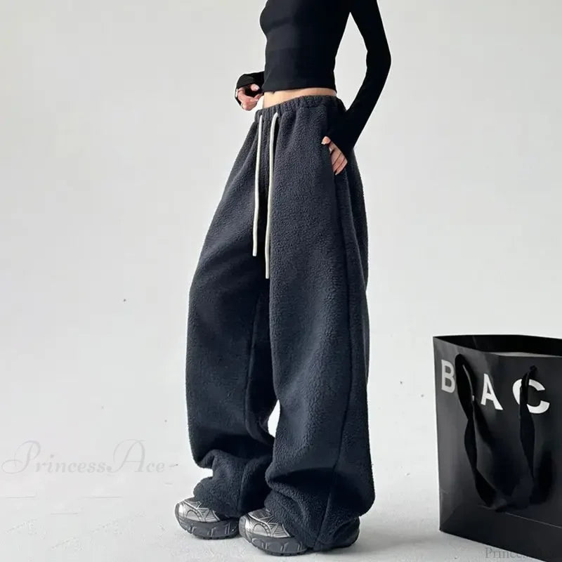 Fleece Thicken Wool Wide Leg Pants Navy blue / S