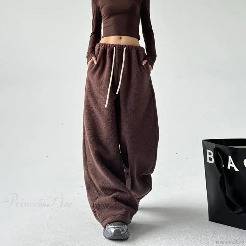 Fleece Thicken Wool Wide Leg Pants Coffee / S