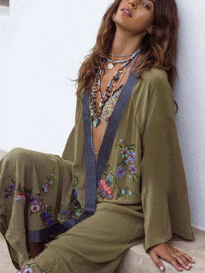 Floral Embroidery Open Stitch Bikini Cover Up Green / One Size