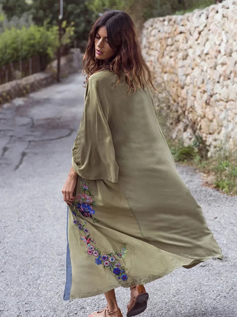 Floral Embroidery Open Stitch Bikini Cover Up Green / One Size