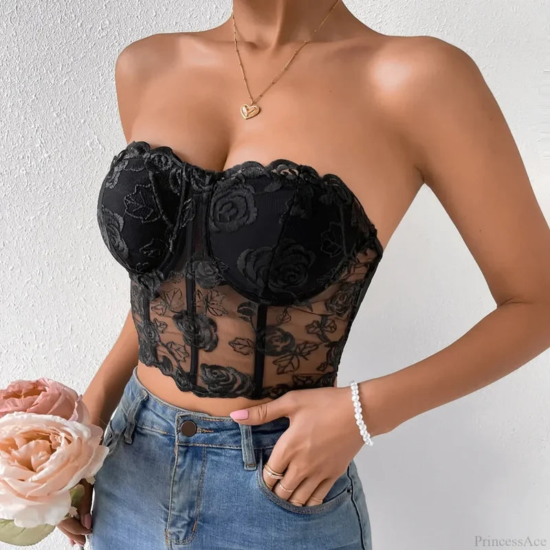 Floral Lace Backless Short Y2K Sexy Crop Top Black / S croptop-250126