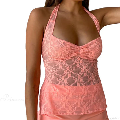 Floral Lace Mesh Sheer Backless Crop Top ORANGE RED / S croptop-250126