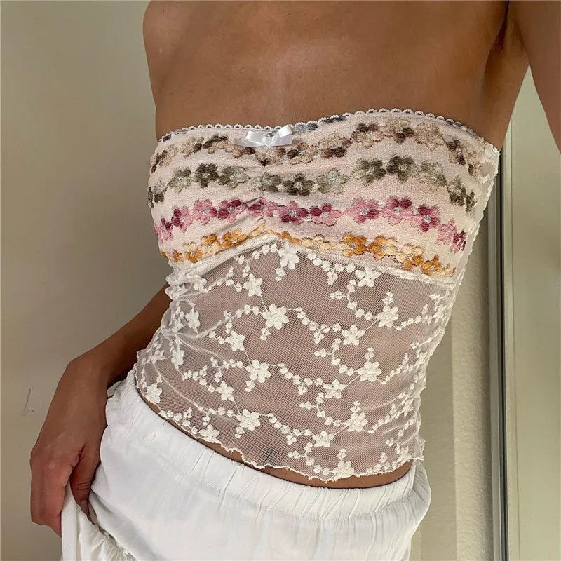 Floral See-Through Tube Crop Top