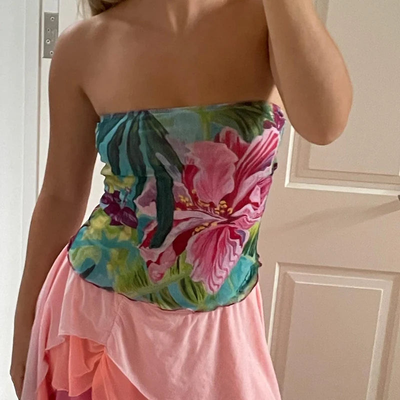 Floral Strapless Slim Crop Top