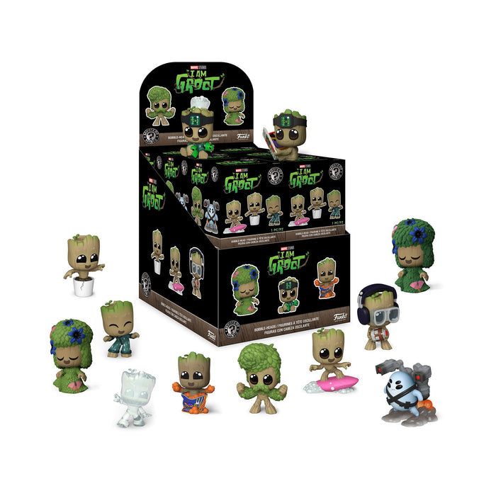 Funko Mystery Minis: I Am Groot by Funko features collectible Groot figures in surprise blind boxes, showcasing Groot in fun outfits and poses—surfing, in a bathtub, or covered with grass and flowers—for exciting collecting.