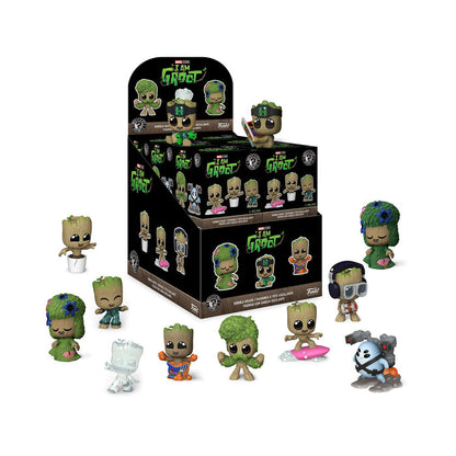 Funko Mystery Minis: I Am Groot by Funko features collectible Groot figures in surprise blind boxes, showcasing Groot in fun outfits and poses—surfing, in a bathtub, or covered with grass and flowers—for exciting collecting.