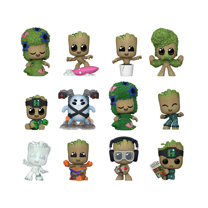 The Funko Mystery Minis: I Am Groot set features 12 unique Groot figures in various costumes and poses—flowers, headphones, surfboard, pajamas, robot suit, even a transparent version—perfect for blind box and Mystery Minis collectors.