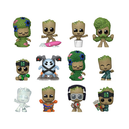 The Funko Mystery Minis: I Am Groot set features 12 unique Groot figures in various costumes and poses—flowers, headphones, surfboard, pajamas, robot suit, even a transparent version—perfect for blind box and Mystery Minis collectors.
