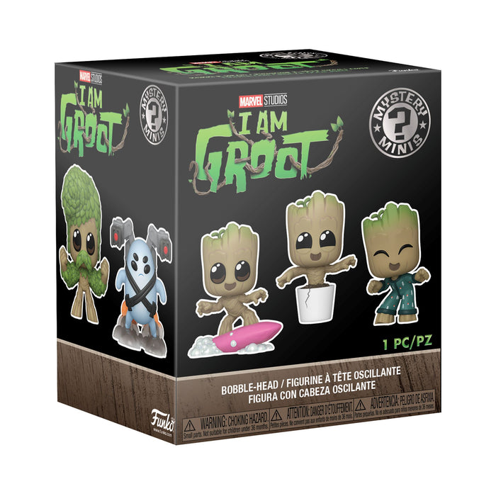 Funko Mystery Minis: I Am Groot blind box features multiple Groot bobble-head figures in unique poses and a small blue character. The black packaging displays colorful designs and Funko logos, making it perfect for collectors.