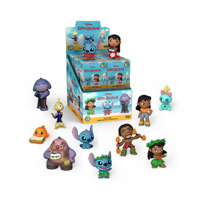 Funko Mystery Minis: Lilo & Stitch collectible figurines by Funko, featuring Lilo, Stitch, and more characters, are displayed around a Blind Box on a white background.