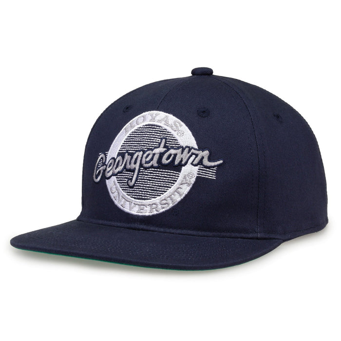 Georgetown Retro Circle snapback hat in navy, angled view