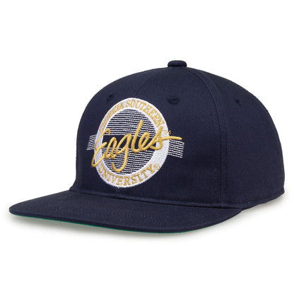 Georgia Southern Retro Circle snapback hat in navy, angled view