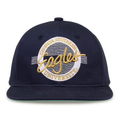 Georgia Southern Retro Circle snapback hat in navy, front view