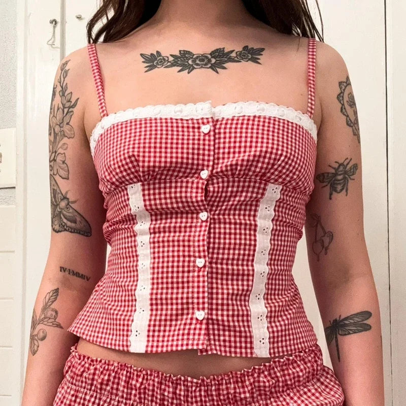 Gingham Lace Trim Crop Top