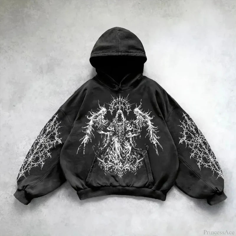 Goddess Pattern Print Hoodie black 7 / M
