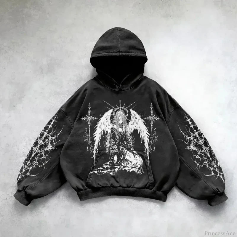 Goddess Pattern Print Hoodie black 4 / M