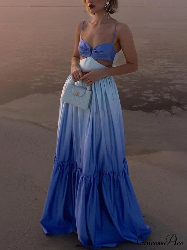 Gradient Color Print Cutout Graceful Waist Tiered Maxi Dress Blue / S Dresses