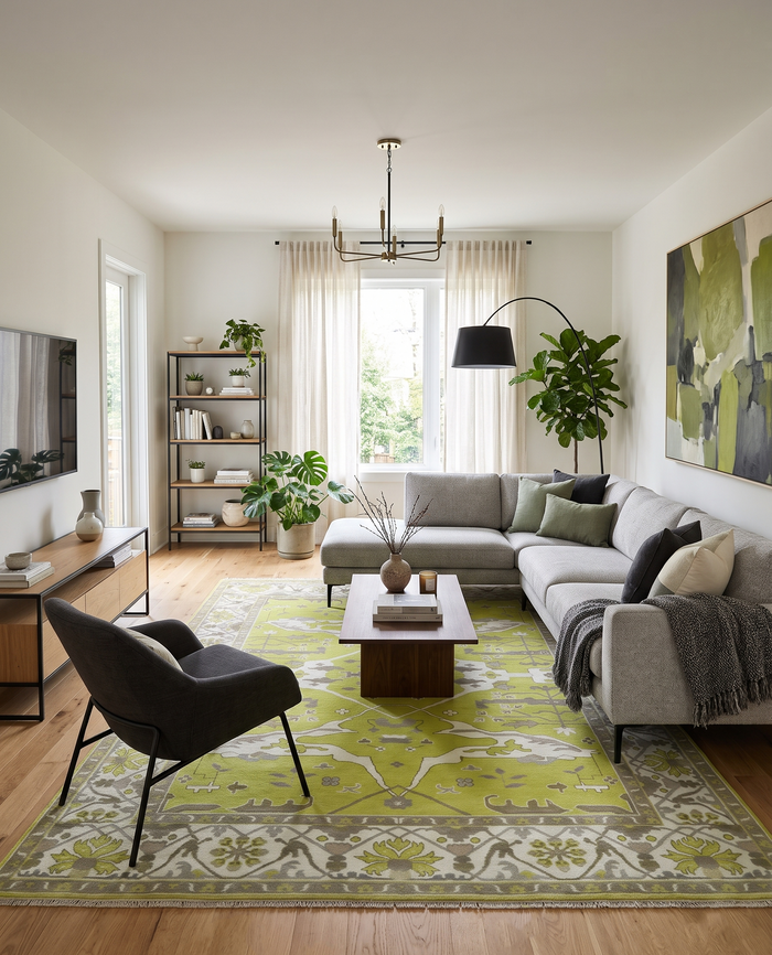 Green and ivory wool area rug with a hand-knotted floral and geometric design, shown in a living room.