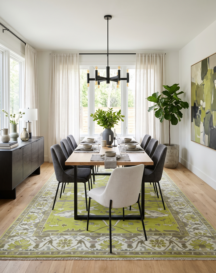 Hand-knotted green and ivory area rug with floral motifs and a patterned border beneath a dining table.