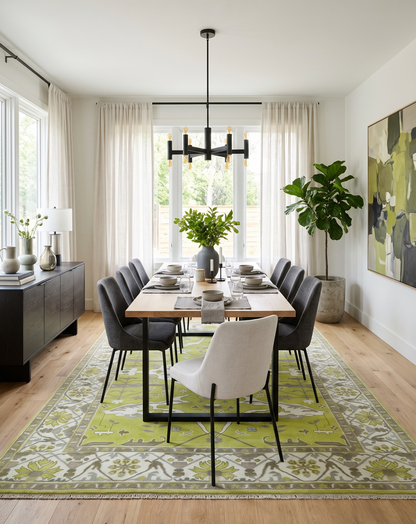 Hand-knotted green and ivory area rug with floral motifs and a patterned border beneath a dining table.