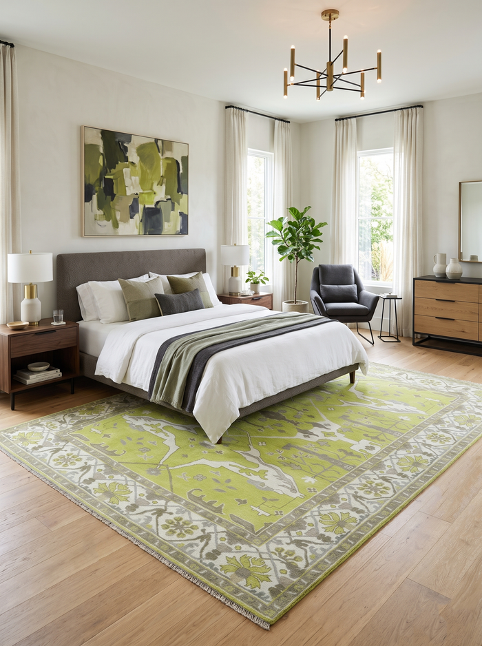 Green and ivory Oushak wool rug with an ornate border, displayed beneath a bedroom set.