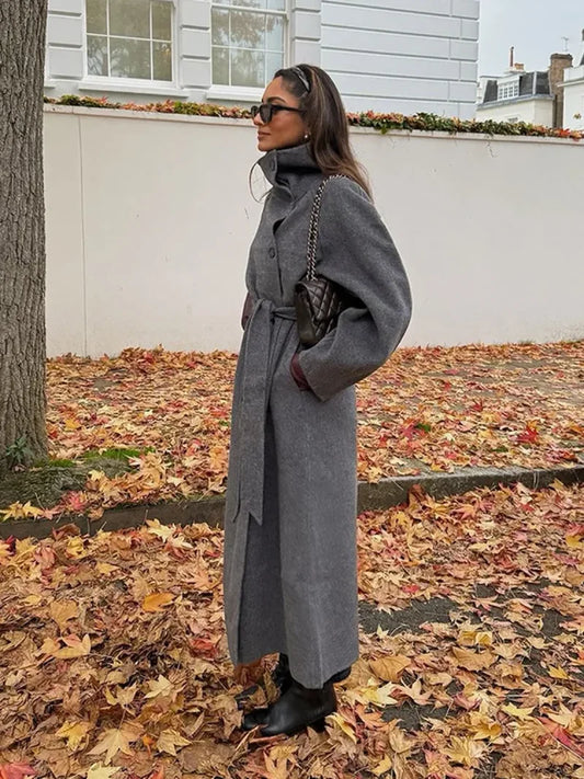 Grey High Collar Long Woolen Coat Grey / S