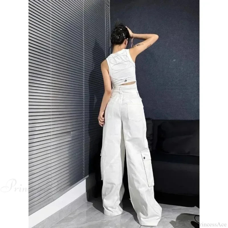 Gyaru White Cargo Jeans Wide Leg Pants