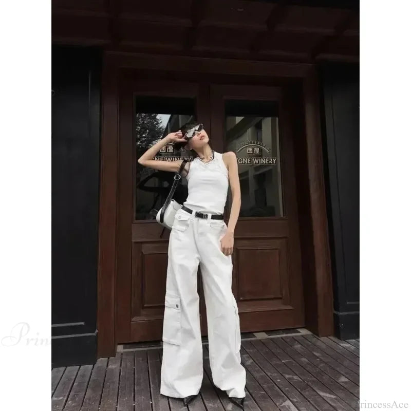 Gyaru White Cargo Jeans Wide Leg Pants