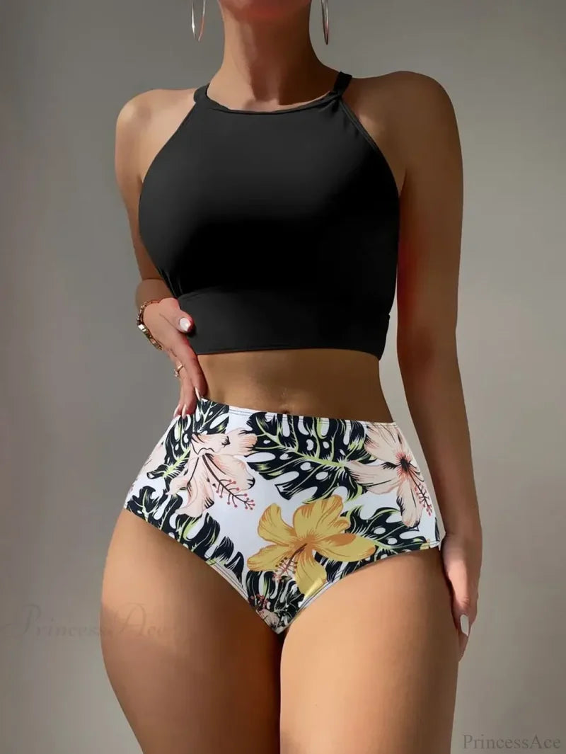 High Neck Floral Swim Two Piece Set Black / S