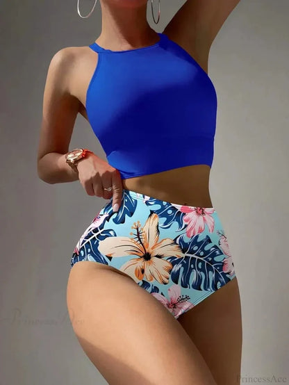High Neck Floral Swim Two Piece Set Blue / S