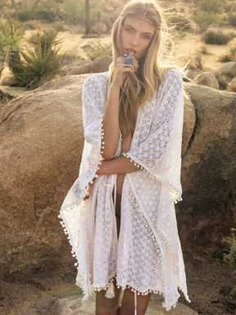 Hollow Out Lace Up Bikini Cover Up WHITE / One Size