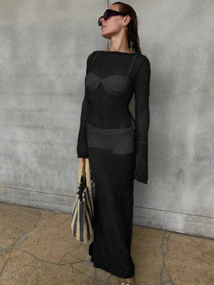 Hollow Out Long Sleeve Bikini Cover Up Black / S