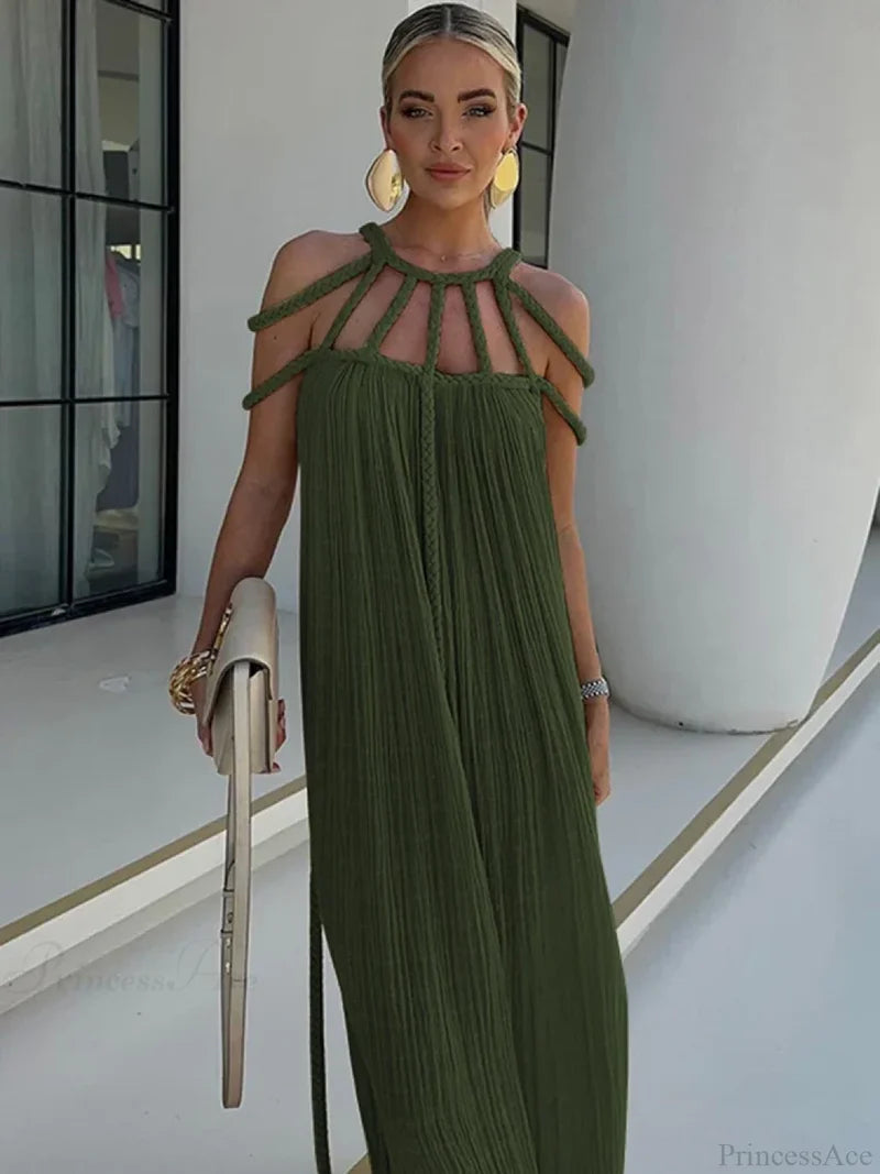 Hollow Out Sleeveless Beach Cover Up Dark Green / One Size