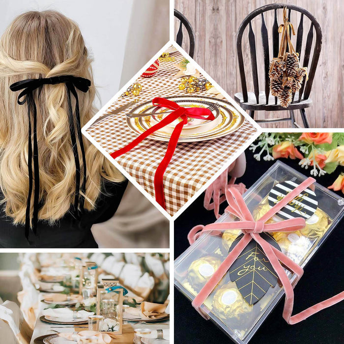 Assorted decorative ribbons for gifts and hairstyles in various colors and settings.