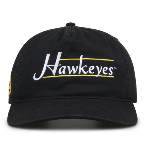 Iowa Hawkeyes Original Heritage Bar Snapback in black, front view of embroidered school script and bar design