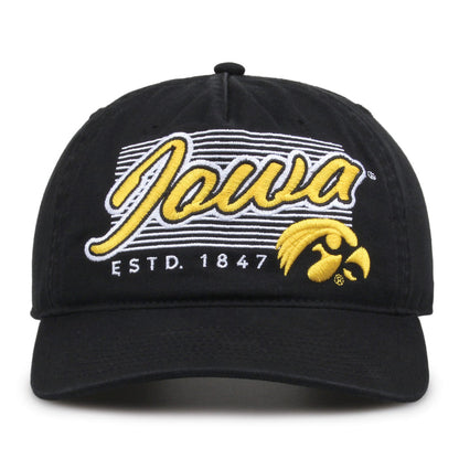 Iowa Hawkeyes Original Heritage Script Snapback in black, front view showing embroidered school script