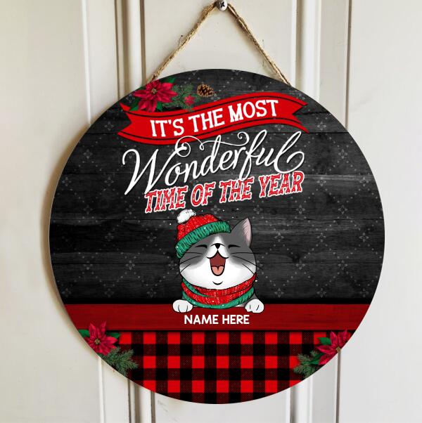 It's The Most Wonderful Time Of The Year - Black Wooden - Red Plaid - Personalized Cat Christmas Door Sign
