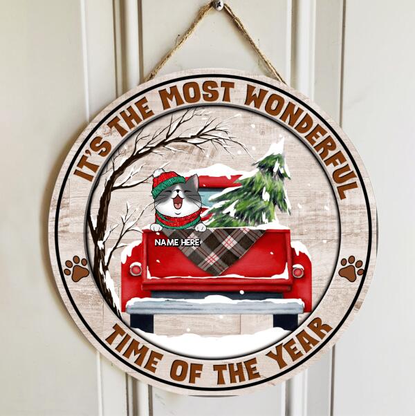 It's The Most Wonderful Time Of The Year - Old Wooden - Red Truck - Personalized Cat Christmas Door Sign