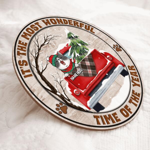 It's The Most Wonderful Time Of The Year - Old Wooden - Red Truck - Personalized Cat Christmas Door Sign
