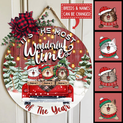 It's The Most Wonderful Time Of The Year - Red Truck - Red Wooden - Personalized Cat Christmas Door Sign
